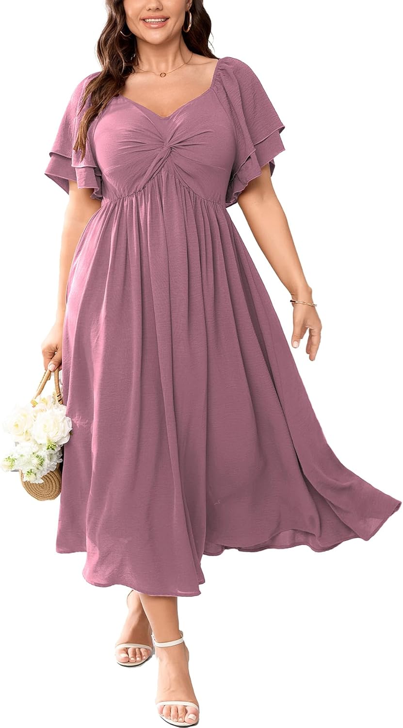 SCOMCHIC Women's Plus Size Wedding Guest Cocktail Dresses Sweetheart Neckline Ruffle Sleeve A Line Maxi Dress - Image 8