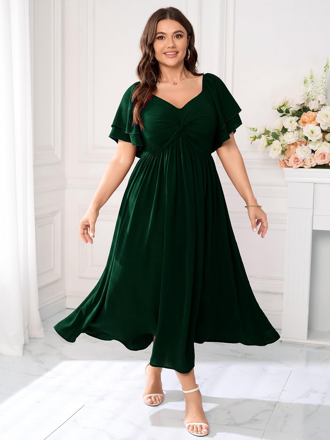 SCOMCHIC Women's Plus Size Wedding Guest Cocktail Dresses Sweetheart Neckline Ruffle Sleeve A Line Maxi Dress - Image 7