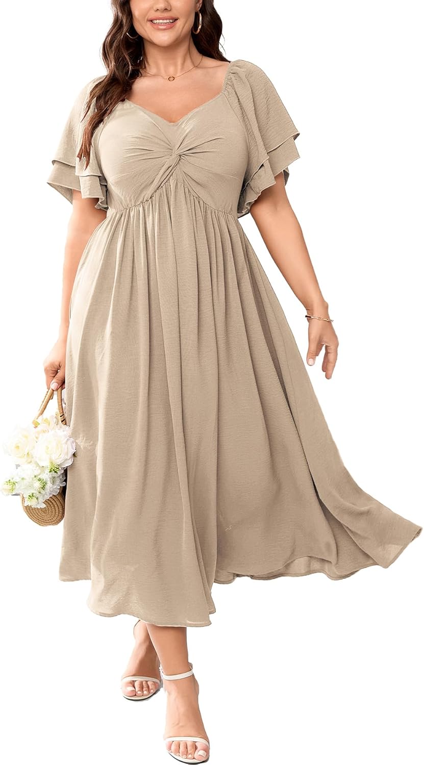 SCOMCHIC Women's Plus Size Wedding Guest Cocktail Dresses Sweetheart Neckline Ruffle Sleeve A Line Maxi Dress - Image 14