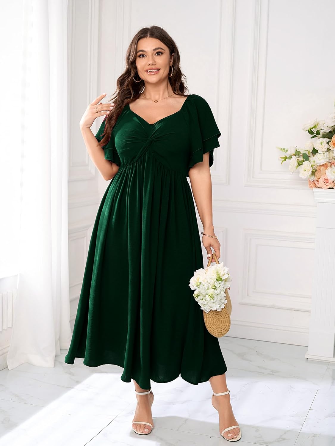 SCOMCHIC Women's Plus Size Wedding Guest Cocktail Dresses Sweetheart Neckline Ruffle Sleeve A Line Maxi Dress - Image 4