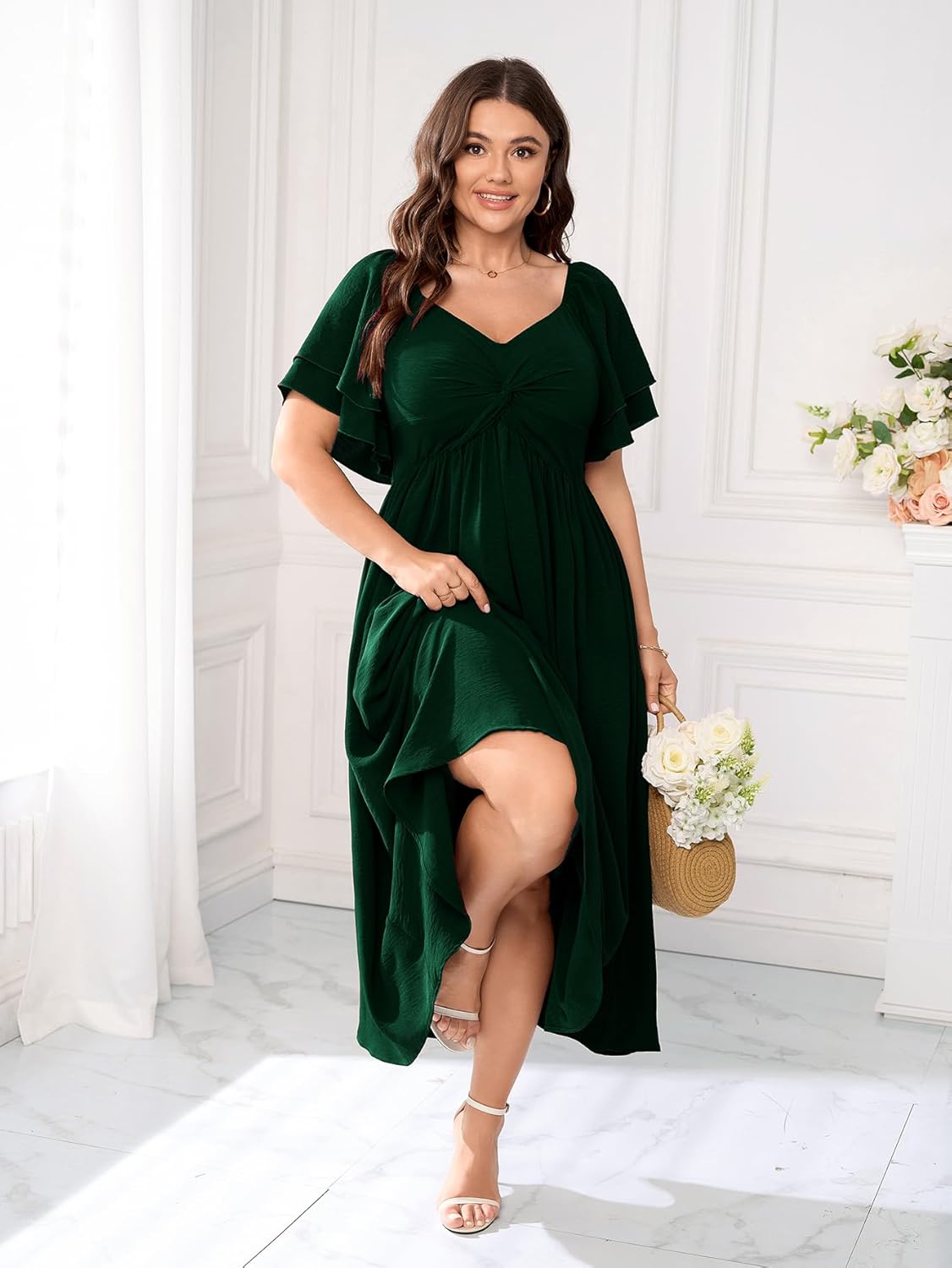 SCOMCHIC Women's Plus Size Wedding Guest Cocktail Dresses Sweetheart Neckline Ruffle Sleeve A Line Maxi Dress - Image 6