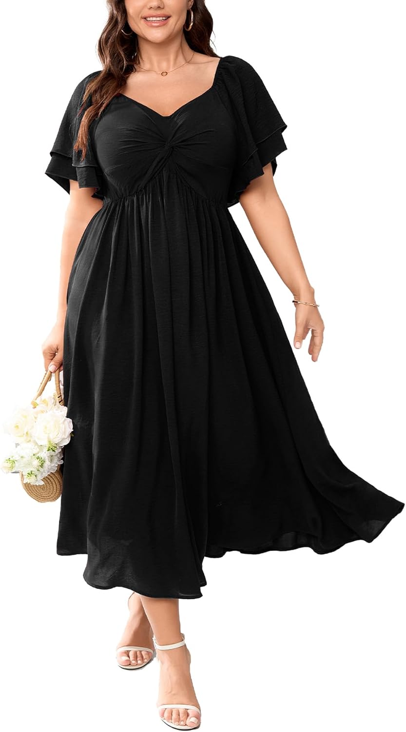 SCOMCHIC Women's Plus Size Wedding Guest Cocktail Dresses Sweetheart Neckline Ruffle Sleeve A Line Maxi Dress - Image 13