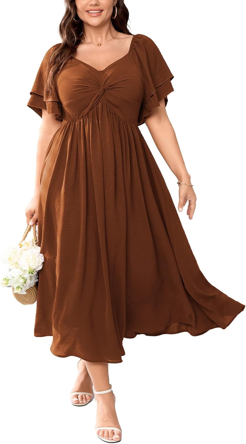 SCOMCHIC Women's Plus Size Wedding Guest Cocktail Dresses Sweetheart Neckline Ruffle Sleeve A Line Maxi Dress - Image 11