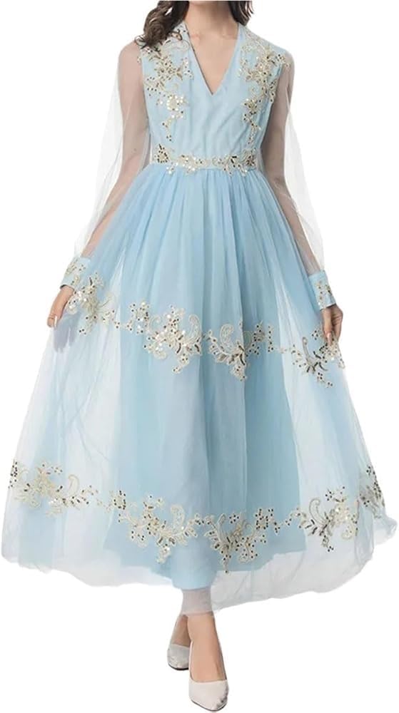 Sequin Party Dress for Women Vintage Embroidered Net Yarn Midi Dresses Elegant A Line Formal Evening Gown - Image 2