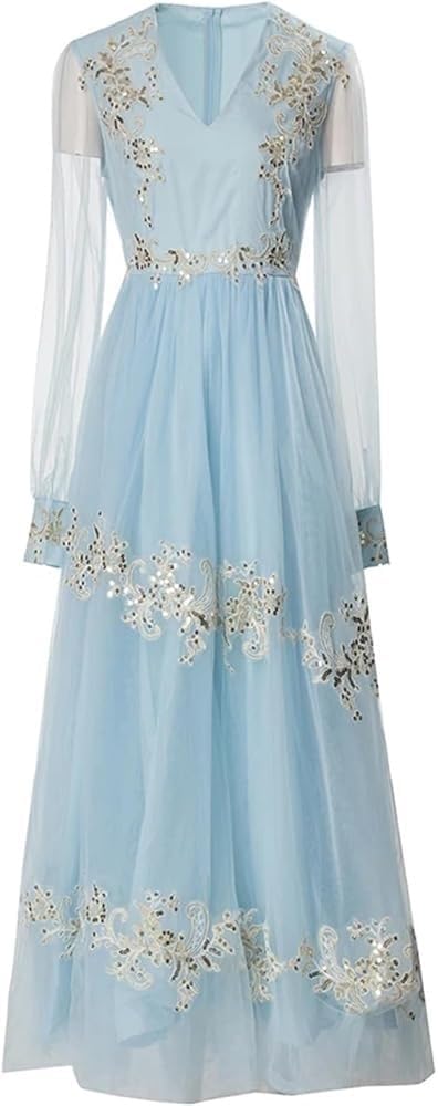 Sequin Party Dress for Women Vintage Embroidered Net Yarn Midi Dresses Elegant A Line Formal Evening Gown