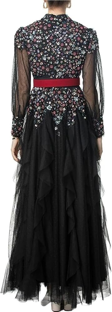 Sequin Turtleneck Dress Women Long Sleeve Floor Length A Line Slim Fit Ball Gown Zipper Back Ruffle Detail Evening Dress - Image 3