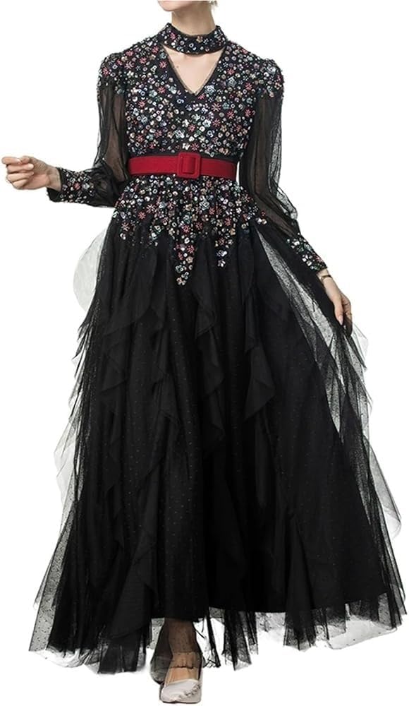 Sequin Turtleneck Dress Women Long Sleeve Floor Length A Line Slim Fit Ball Gown Zipper Back Ruffle Detail Evening Dress - Image 2