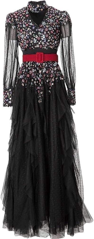 Sequin Turtleneck Dress Women Long Sleeve Floor Length A Line Slim Fit Ball Gown Zipper Back Ruffle Detail Evening Dress