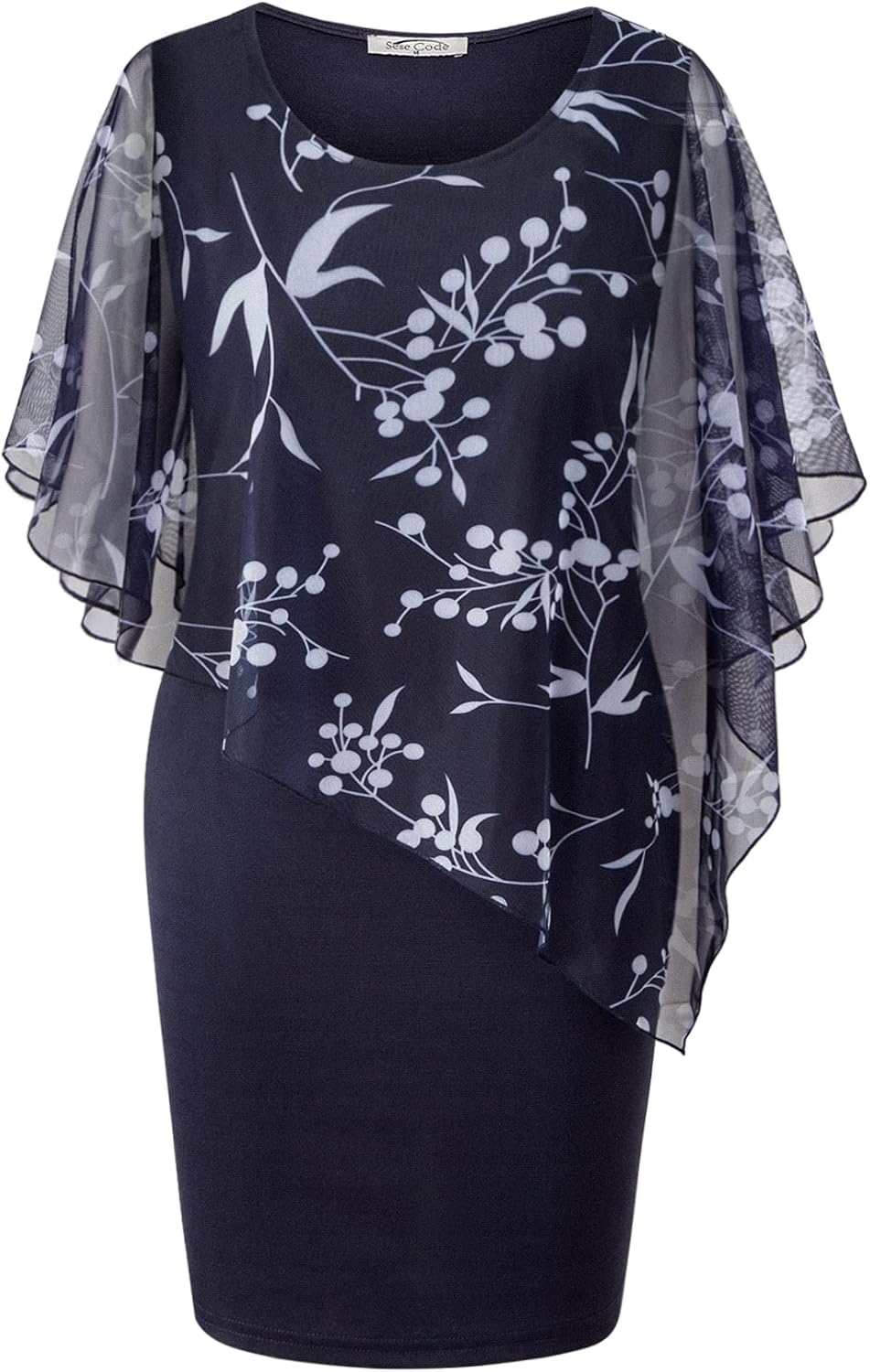 SeSe Code Women's Mesh Cape Overlay Bodycon Knee Length Pencil Dress for Wedding Guest - Image 12