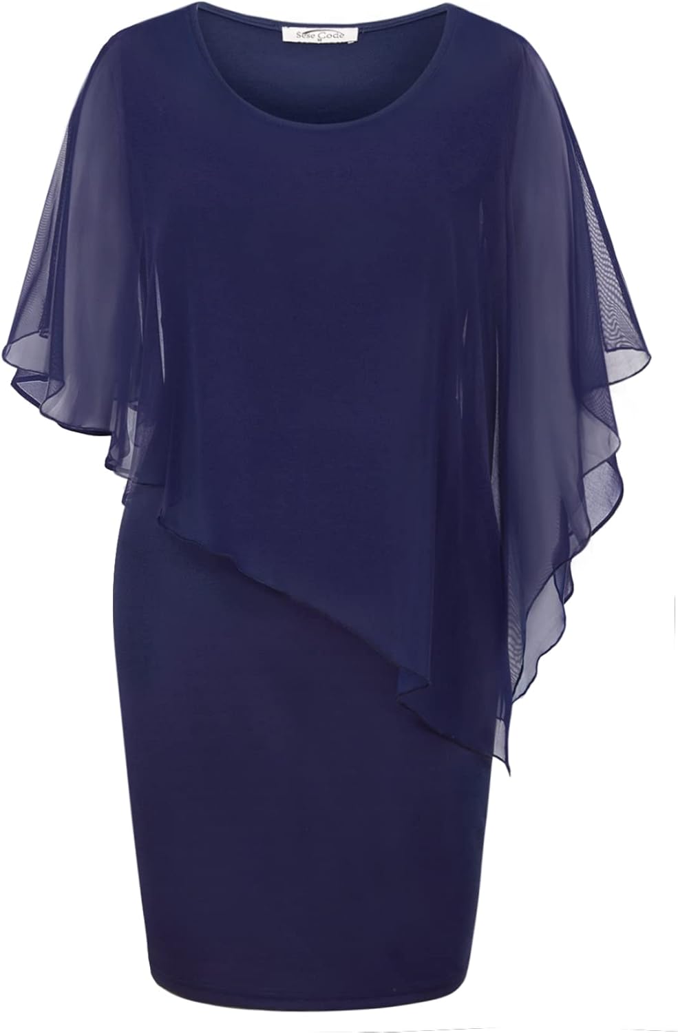 SeSe Code Women's Mesh Cape Overlay Bodycon Knee Length Pencil Dress for Wedding Guest - Image 9