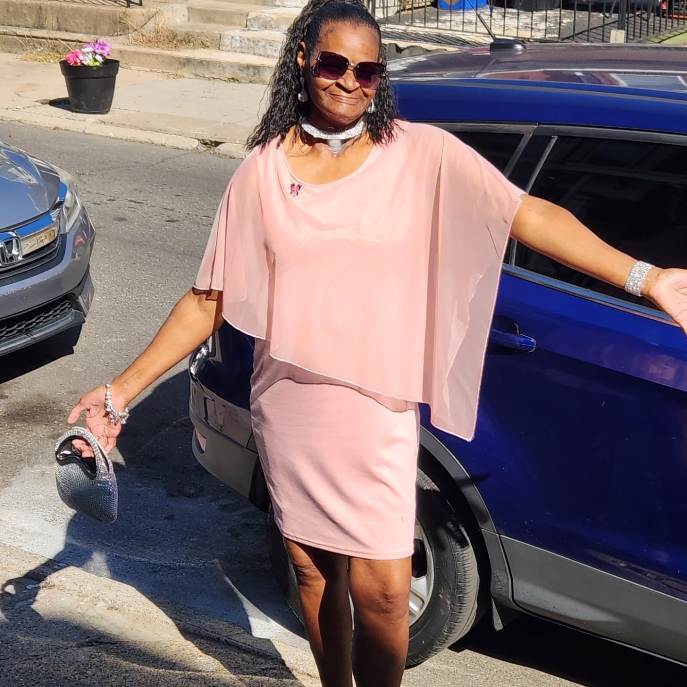 SeSe Code Women's Mesh Cape Overlay Bodycon Knee Length Pencil Dress for Wedding Guest - Image 5