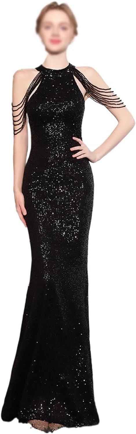 SIDUFHAOPKLL Evening Gown Ladies Banquet Light Luxury Hepburn Sequined Halter Long Dress