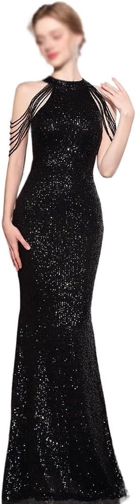 SIDUFHAOPKLL Evening Gown Ladies Banquet Light Luxury Hepburn Sequined Halter Long Dress - Image 3