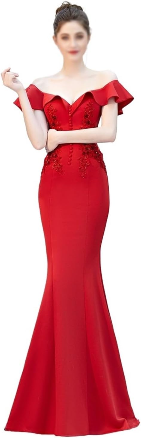 SIDUFHAOPKLL Slim-fit Dress Wedding Evening Dress Ladies Toasting Wedding Long Dress Word Shoulder Appreciation Banquet