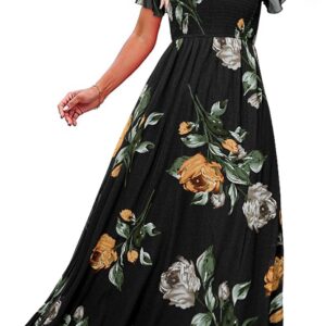 Simplee Womens Summer Floral Casual Maxi Dresses Flutter Short Sleeve Crew Neck Smocked Chiffon Boho Flowy Dress