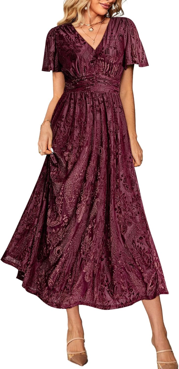 Simplee Women\u2019s V Neck Velvet Maxi Dress Short Sleeve Empire Waist Long Formal Dress for Wedding Guest - Image 24