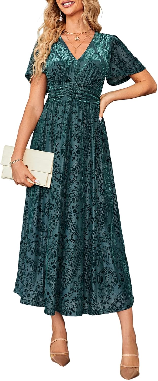 Simplee Women\u2019s V Neck Velvet Maxi Dress Short Sleeve Empire Waist Long Formal Dress for Wedding Guest - Image 27