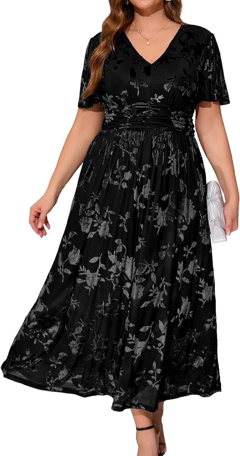 Simplee Women\u2019s V Neck Velvet Maxi Dress Short Sleeve Empire Waist Long Formal Dress for Wedding Guest - Image 9