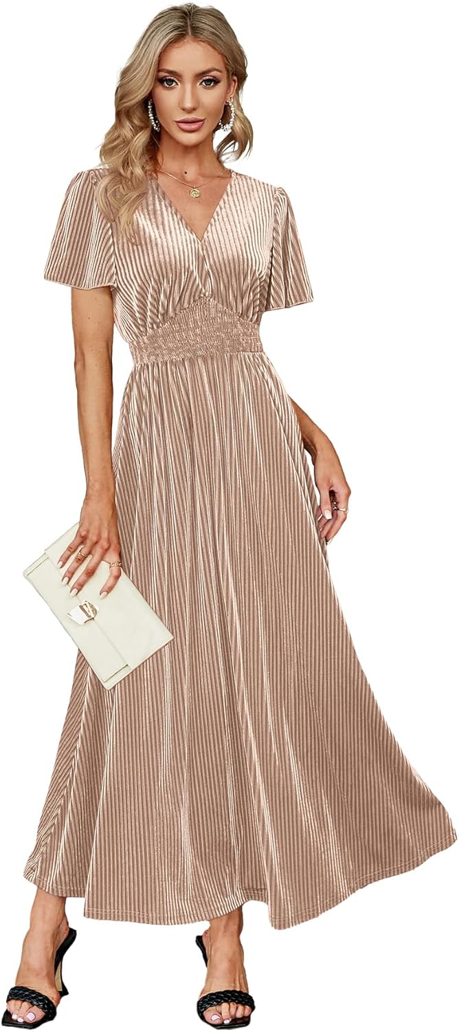 Simplee Women\u2019s V Neck Velvet Maxi Dress Short Sleeve Empire Waist Long Formal Dress for Wedding Guest - Image 28