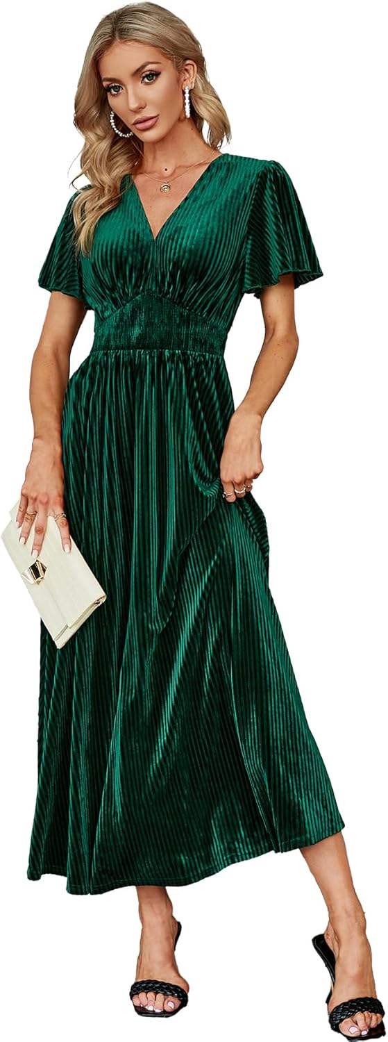 Simplee Women\u2019s V Neck Velvet Maxi Dress Short Sleeve Empire Waist Long Formal Dress for Wedding Guest - Image 15
