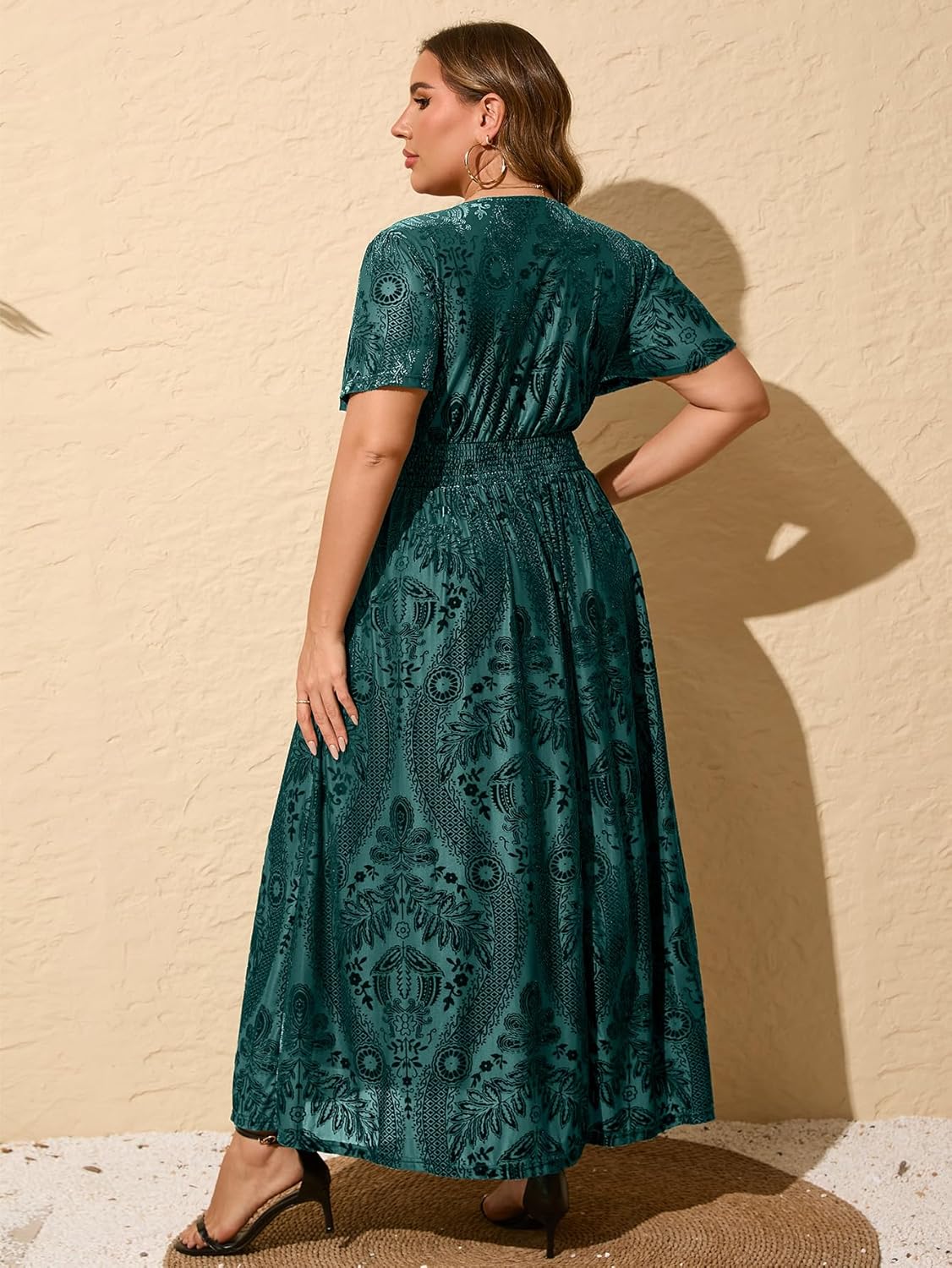 Simplee Women\u2019s V Neck Velvet Maxi Dress Short Sleeve Empire Waist Long Formal Dress for Wedding Guest - Image 6