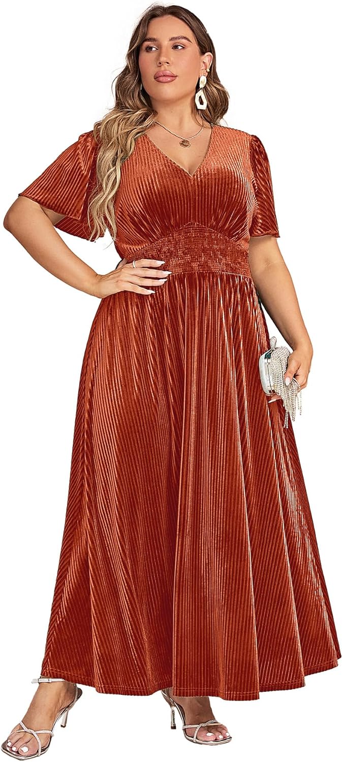 Simplee Women\u2019s V Neck Velvet Maxi Dress Short Sleeve Empire Waist Long Formal Dress for Wedding Guest - Image 30