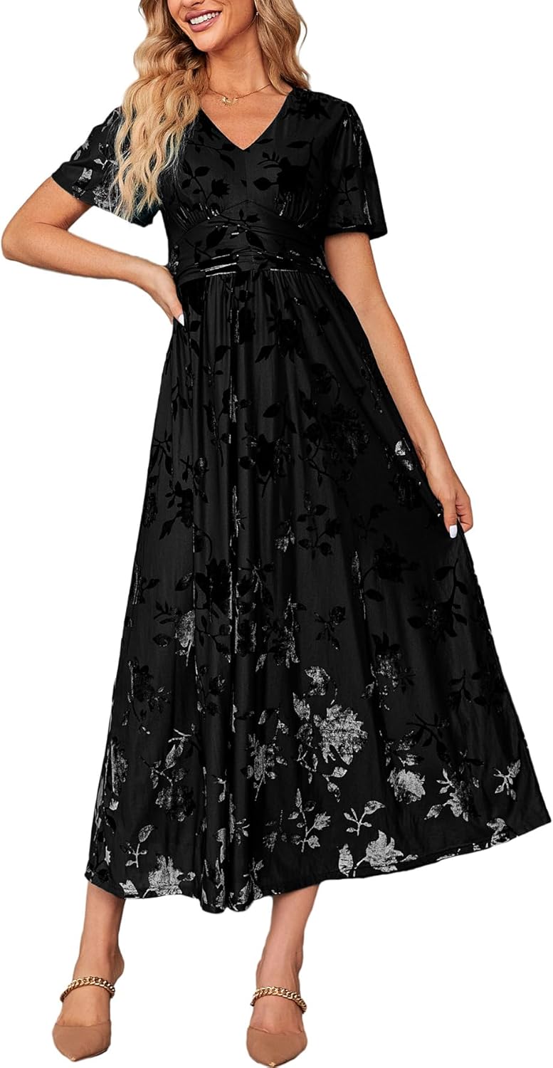 Simplee Women\u2019s V Neck Velvet Maxi Dress Short Sleeve Empire Waist Long Formal Dress for Wedding Guest - Image 18