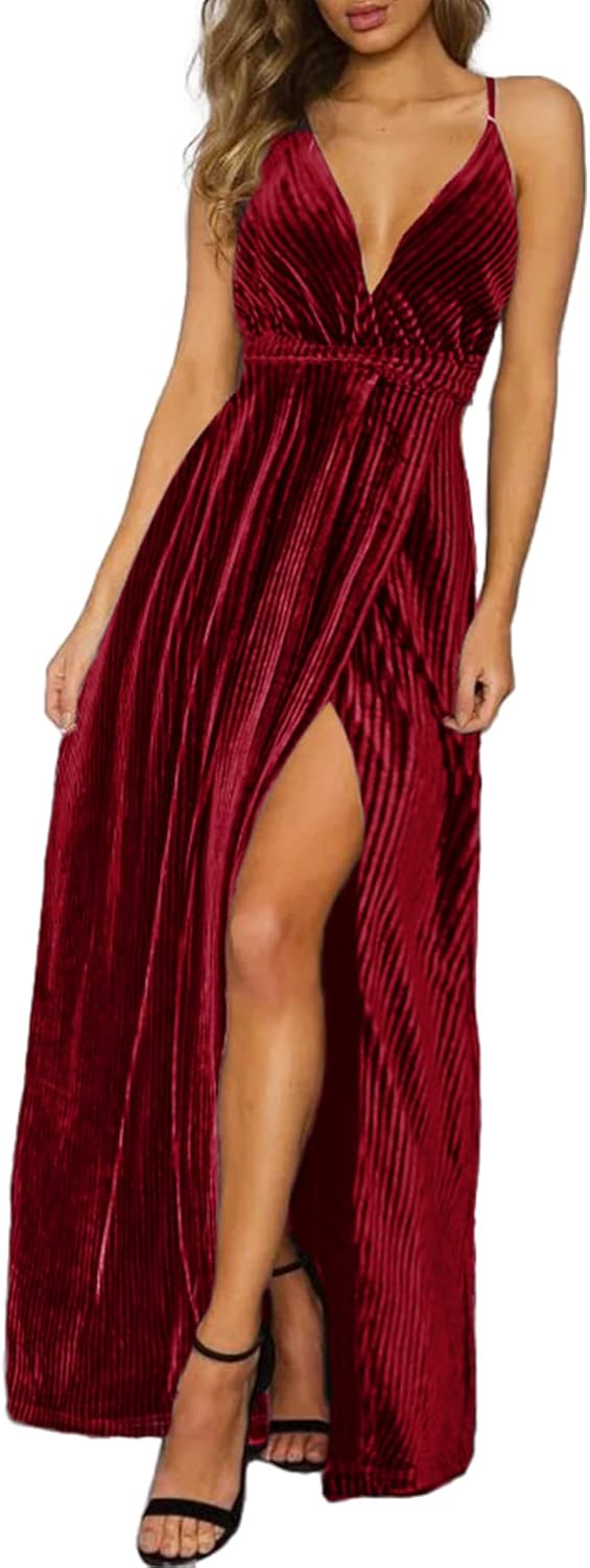 Simplee Women\u2019s V Neck Velvet Maxi Dress Short Sleeve Empire Waist Long Formal Dress for Wedding Guest - Image 29