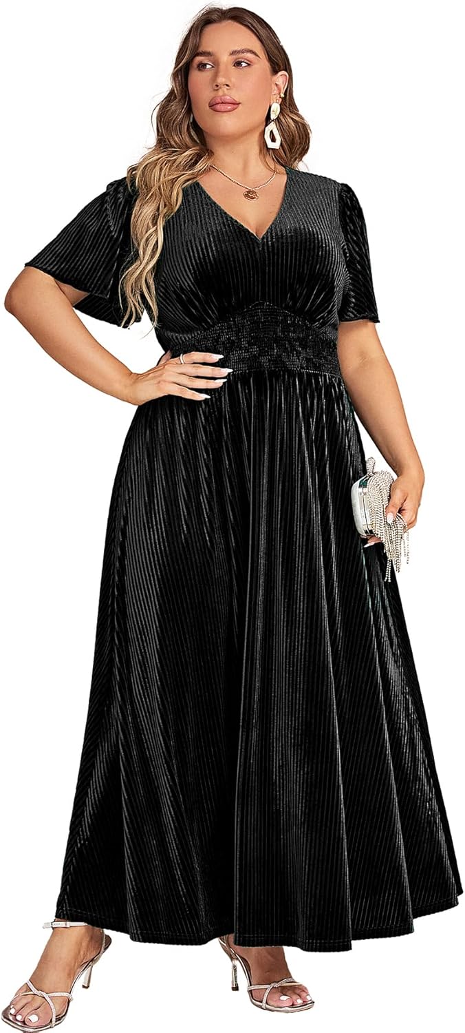 Simplee Women\u2019s V Neck Velvet Maxi Dress Short Sleeve Empire Waist Long Formal Dress for Wedding Guest - Image 21