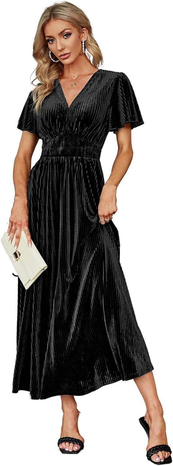 Simplee Women\u2019s V Neck Velvet Maxi Dress Short Sleeve Empire Waist Long Formal Dress for Wedding Guest - Image 10