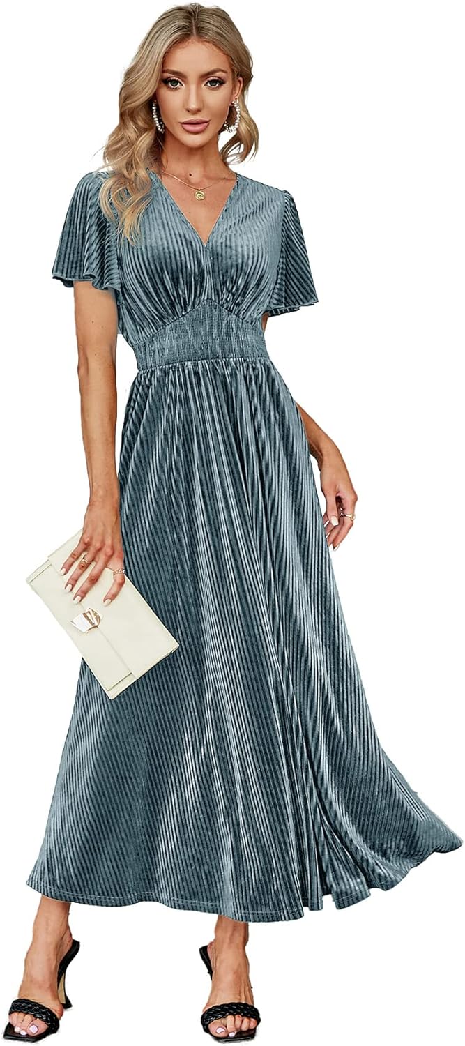 Simplee Women\u2019s V Neck Velvet Maxi Dress Short Sleeve Empire Waist Long Formal Dress for Wedding Guest - Image 20