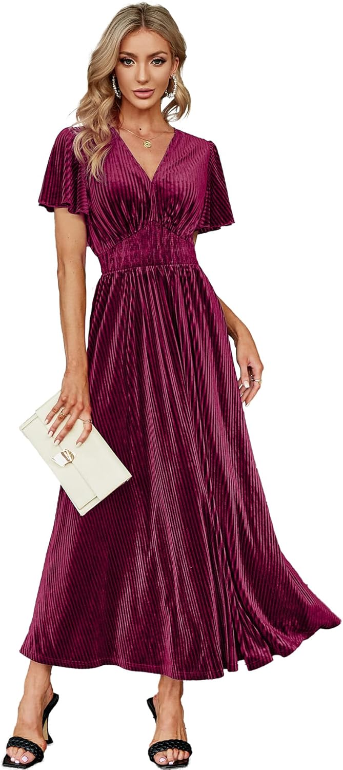 Simplee Women\u2019s V Neck Velvet Maxi Dress Short Sleeve Empire Waist Long Formal Dress for Wedding Guest - Image 22