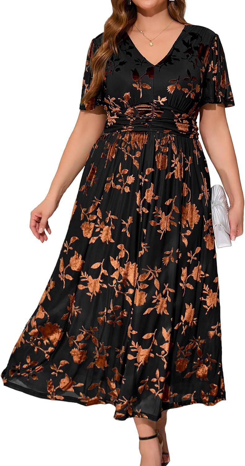 Simplee Women\u2019s V Neck Velvet Maxi Dress Short Sleeve Empire Waist Long Formal Dress for Wedding Guest - Image 36