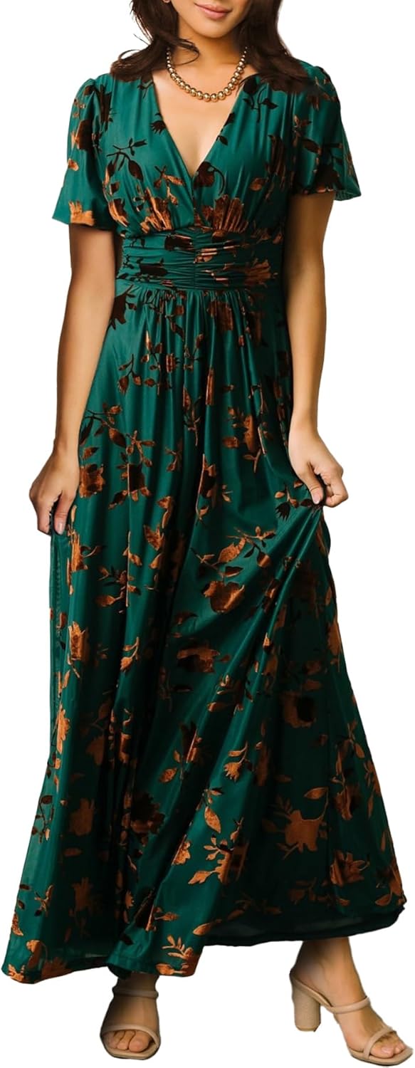 Simplee Women\u2019s V Neck Velvet Maxi Dress Short Sleeve Empire Waist Long Formal Dress for Wedding Guest - Image 17