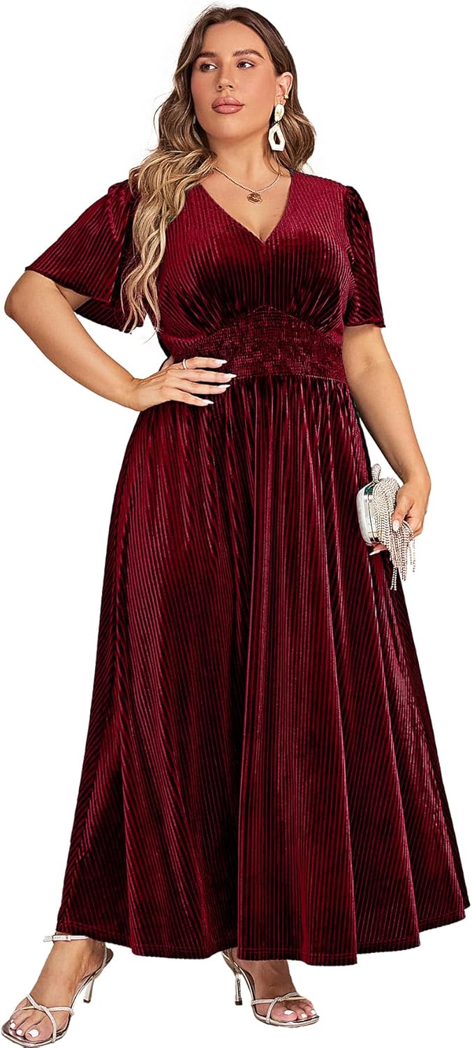 Simplee Women\u2019s V Neck Velvet Maxi Dress Short Sleeve Empire Waist Long Formal Dress for Wedding Guest - Image 7