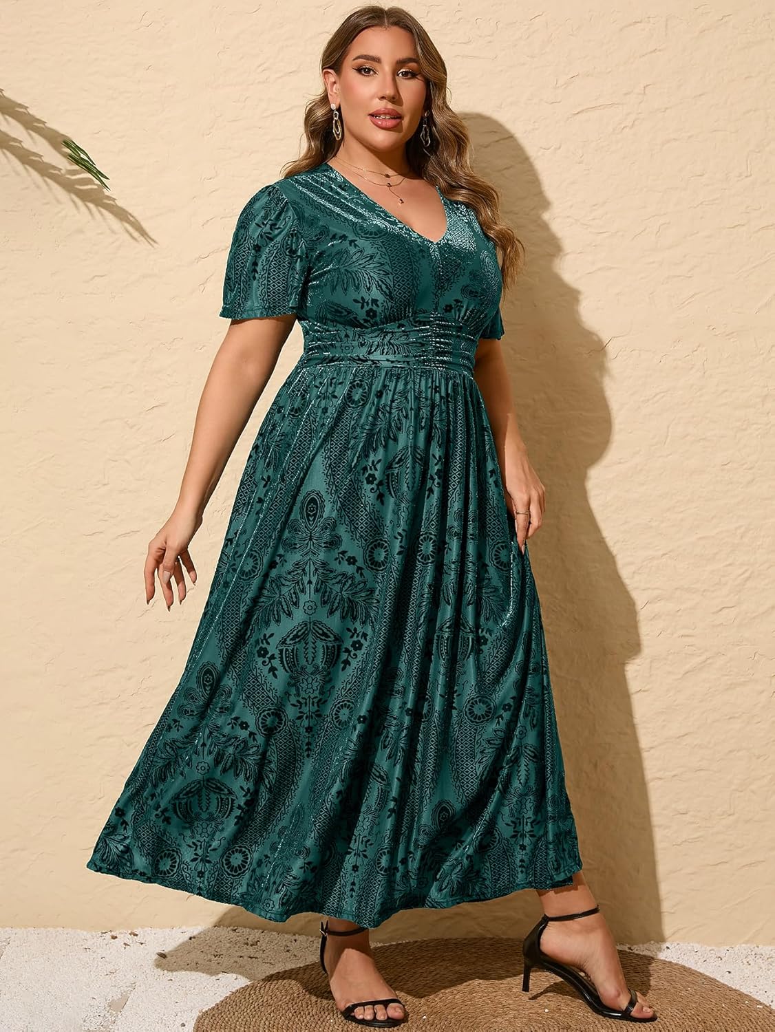 Simplee Women\u2019s V Neck Velvet Maxi Dress Short Sleeve Empire Waist Long Formal Dress for Wedding Guest - Image 5