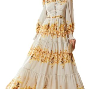 TOLEEN Summer Casual Dresses for Women 2024 Spring Fashion Boho V Neck Long Sleeve Ruffle Floral Print Elegant Maxi Dress