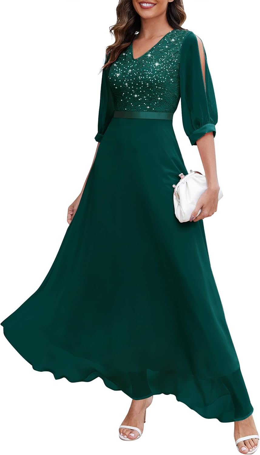 Wedtrend Women's Sequin Dresses Sparkly Glitter Dress Split Sleeves Formal Dresses Maxi Evening Dress - Image 14