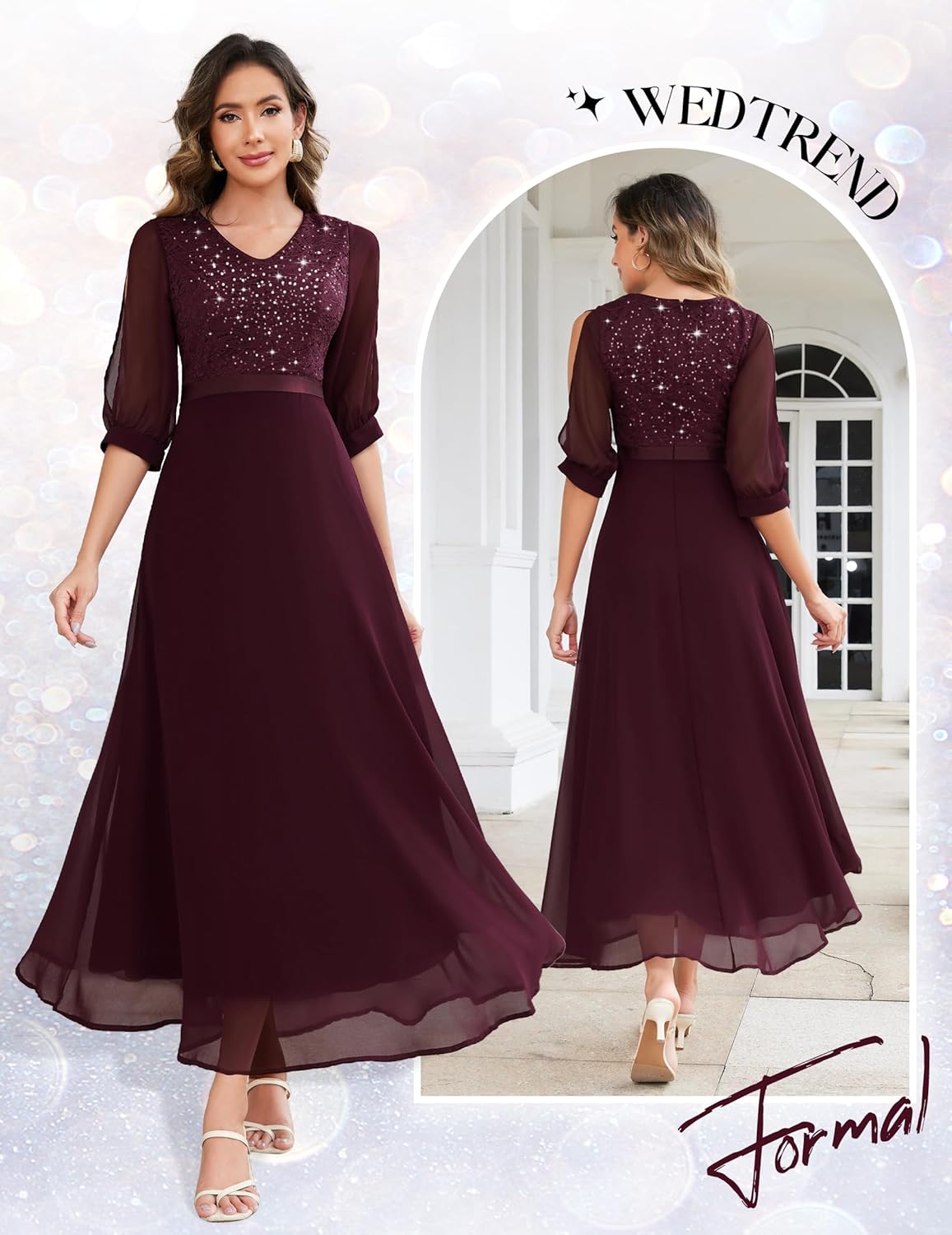 Wedtrend Women's Sequin Dresses Sparkly Glitter Dress Split Sleeves Formal Dresses Maxi Evening Dress - Image 2