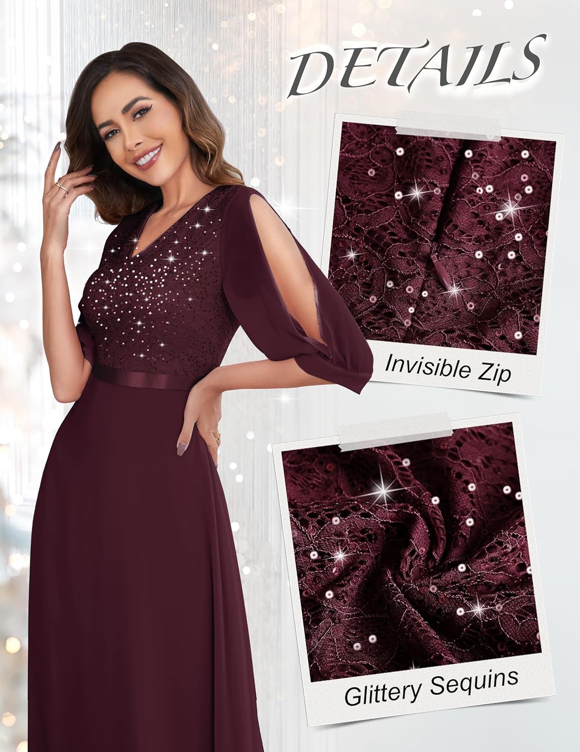 Wedtrend Women's Sequin Dresses Sparkly Glitter Dress Split Sleeves Formal Dresses Maxi Evening Dress - Image 3