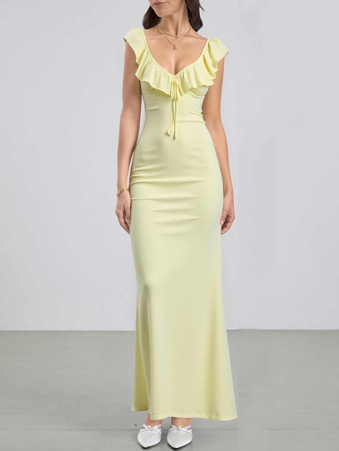 winkbay Women's Tie Backless Maxi Dress Summer Ruffle Deep V Neck Bodycon Evening Party Cocktail Dresses - Image 5