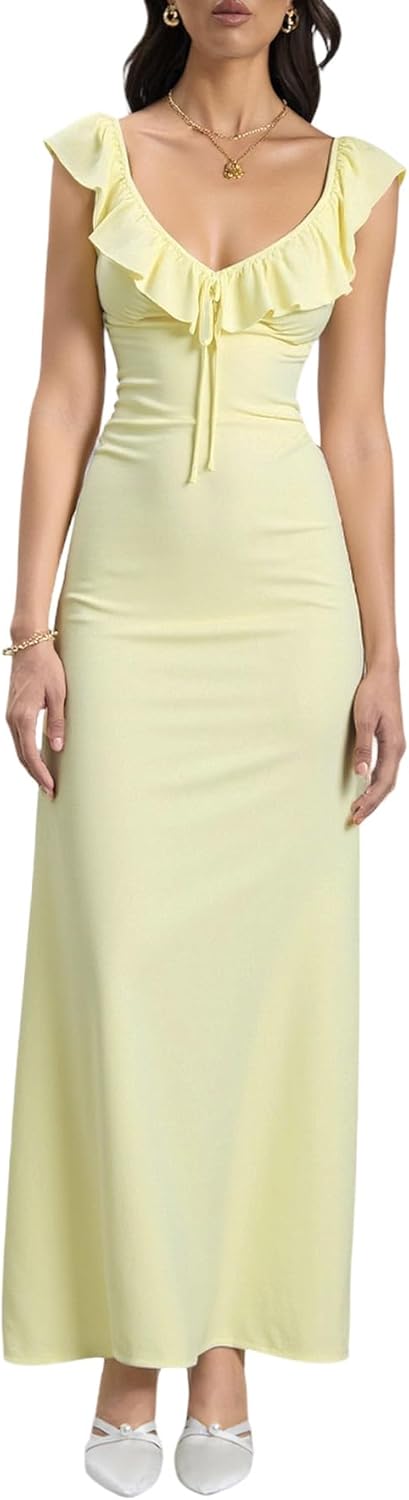 winkbay Women's Tie Backless Maxi Dress Summer Ruffle Deep V Neck Bodycon Evening Party Cocktail Dresses