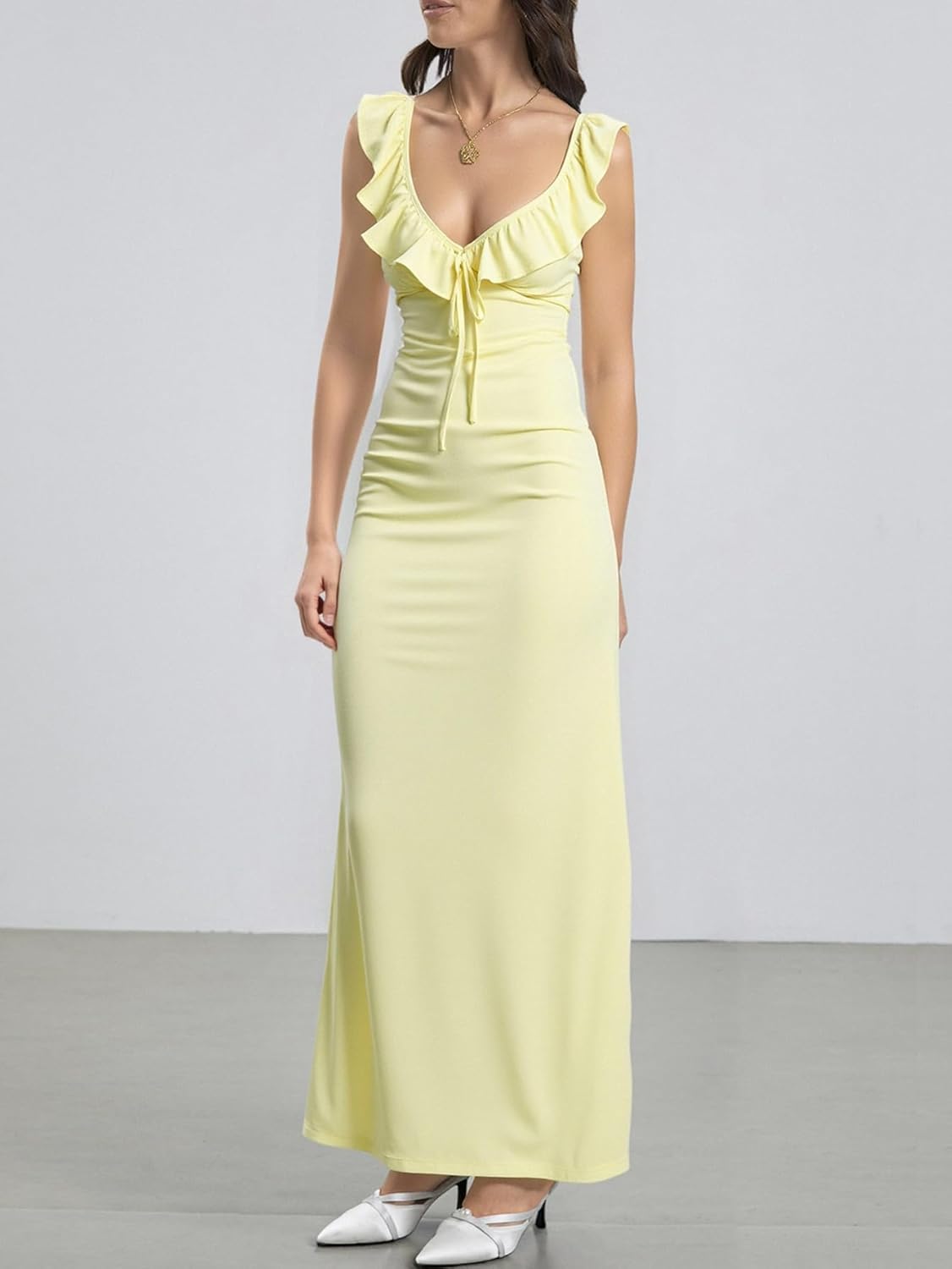 winkbay Women's Tie Backless Maxi Dress Summer Ruffle Deep V Neck Bodycon Evening Party Cocktail Dresses - Image 4