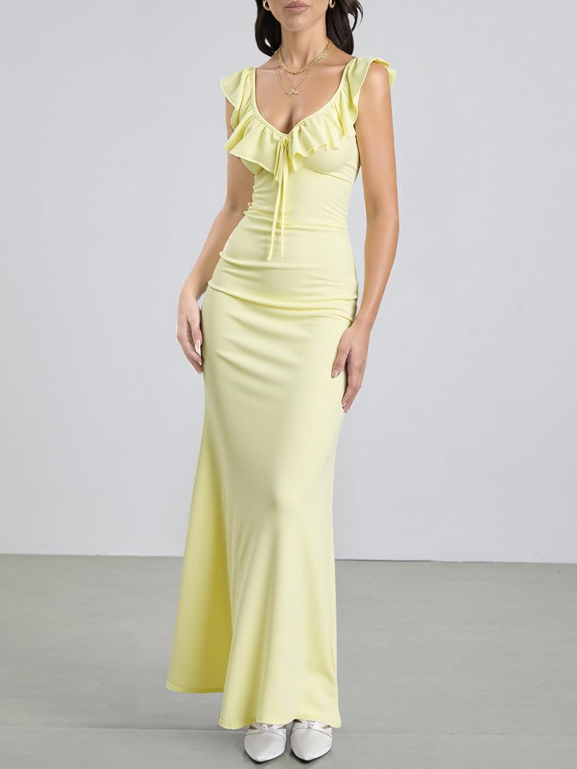 winkbay Women's Tie Backless Maxi Dress Summer Ruffle Deep V Neck Bodycon Evening Party Cocktail Dresses - Image 3