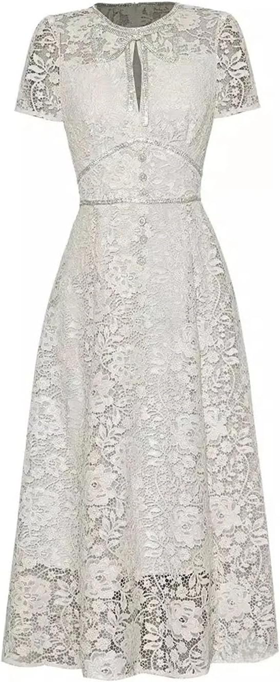 Women Lace Dress Short Sleeve Crystal Beading Hollow Out Elegant Gorgeous Evening Look - Image 7