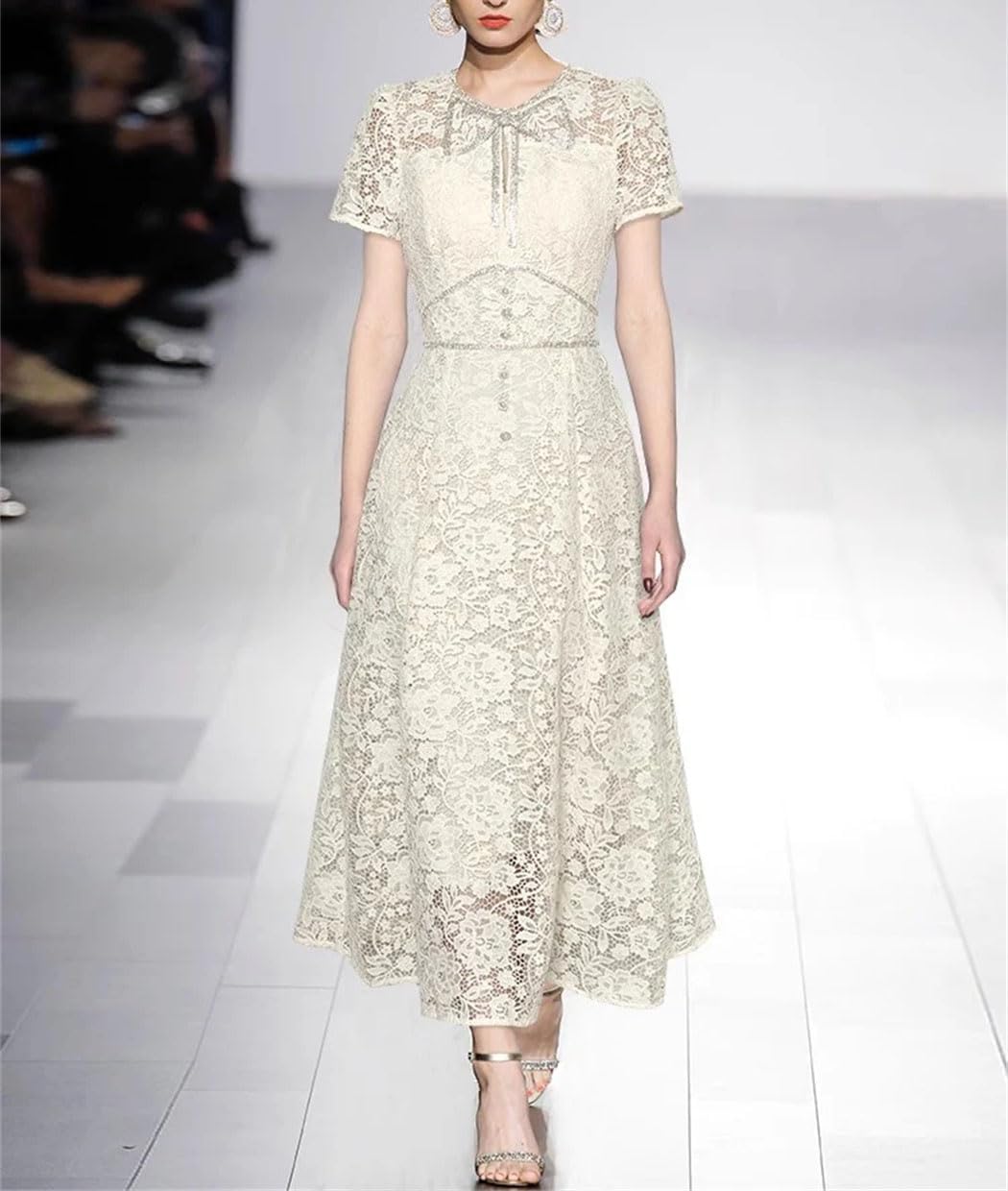 Women Lace Dress Short Sleeve Crystal Beading Hollow Out Elegant Gorgeous Evening Look - Image 2