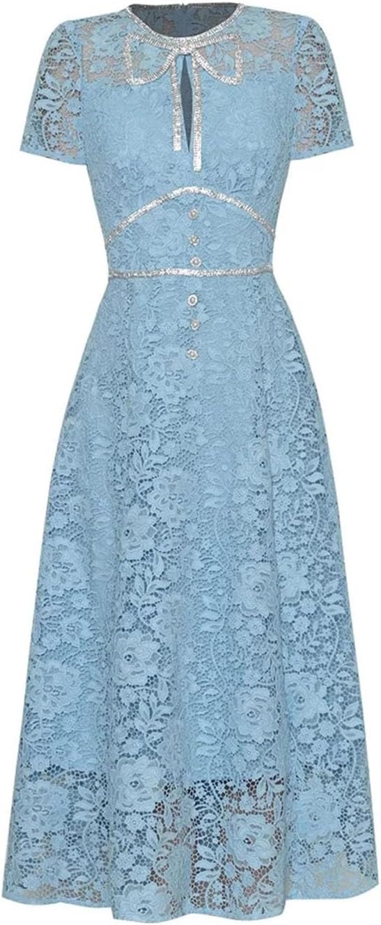 Women Lace Dress Short Sleeve Crystal Beading Hollow Out Elegant Gorgeous Evening Look