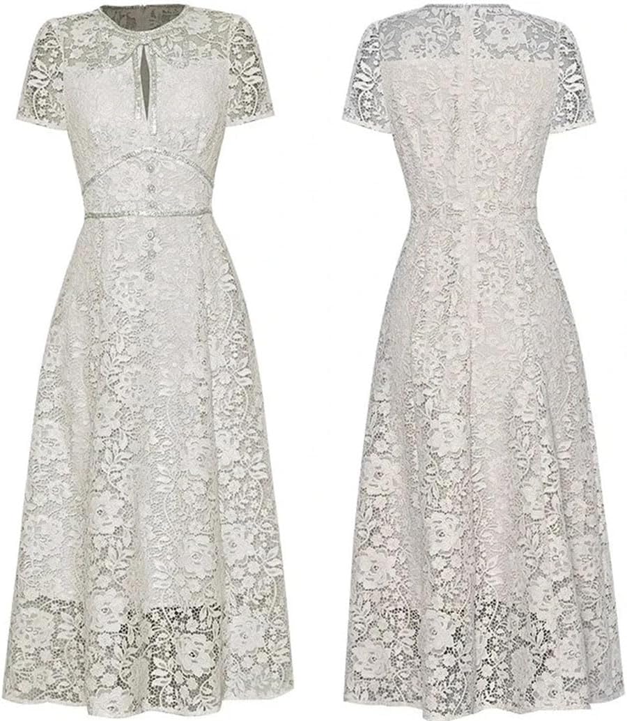 Women Lace Dress Short Sleeve Crystal Beading Hollow Out Elegant Gorgeous Evening Look - Image 3