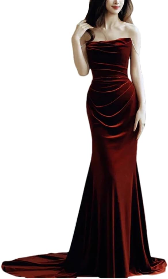 Women Velour Wedding Dress Fishtail Evening Spaghetti Straps Solid Dresses