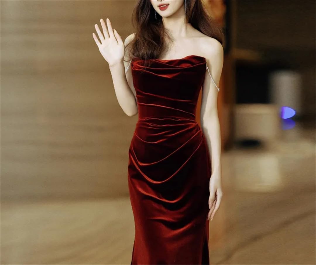 Women Velour Wedding Dress Fishtail Evening Spaghetti Straps Solid Dresses - Image 3